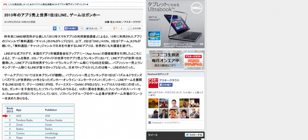 ASCII.jp：2013年のアプリ売上世界1位はLINE、ゲームはガンホー